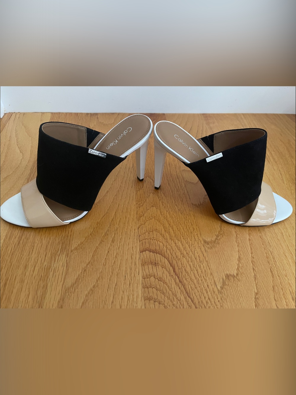 Calvin Klein Black Faux Suede and Nude Patent Slide Mules size 7
